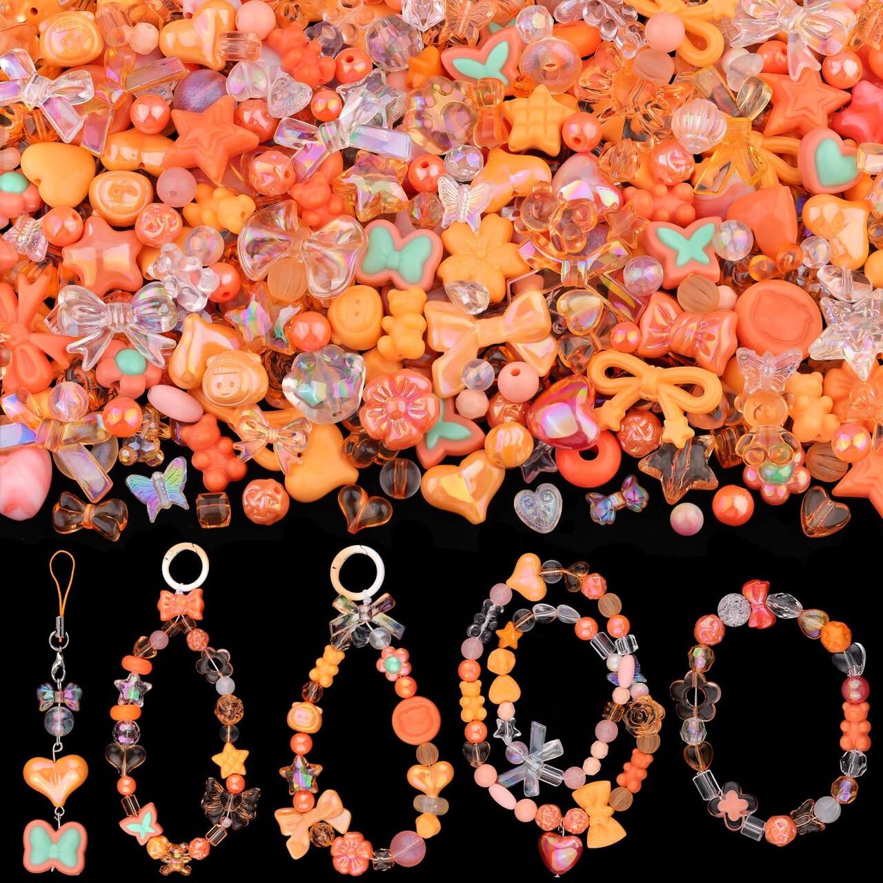 TINKRSTUFF Assorted 170-230PCS Orange Acrylic Beads for Bracelet Making, Flower Bow Butterfly Candy GummyBear Aesthetic Bracelet Charms,Cute Beads for Jewelry Making DIY Necklace Keychain Phone Charm